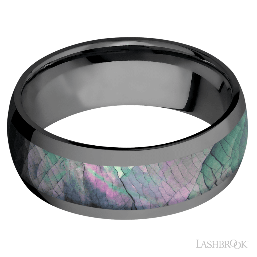 8 mm wide/Domed/Zirconium band with one 5 mm Centered inlay of Black Mother of Pearl.