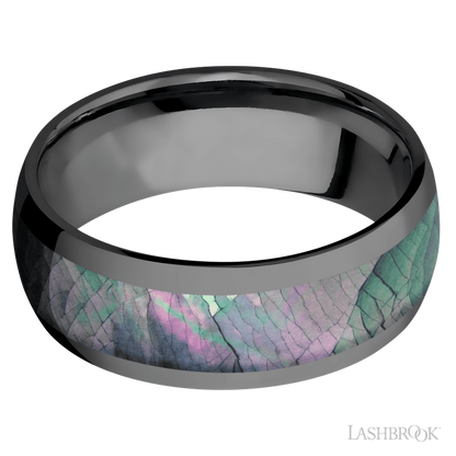 8 mm wide/Domed/Zirconium band with one 5 mm Centered inlay of Black Mother of Pearl.