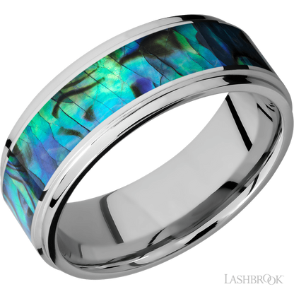 8 mm wide/Flat Grooved Edges/Cobalt Chrome band with one 5 mm Centered inlay of Abalone.
