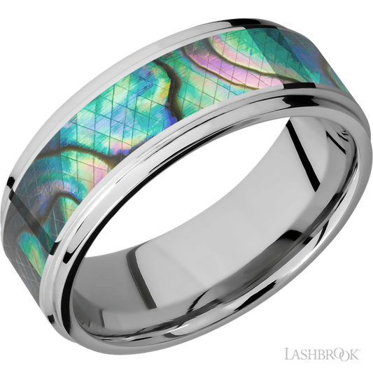 Lashbrook 8mm Flat Grooved Edges Cobalt Chrome Wedding Band — Abalone Inlay