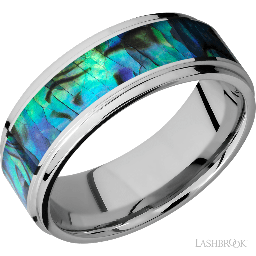 8 mm wide/Flat Grooved Edges/Cobalt Chrome band with one 5 mm Centered inlay of Abalone.