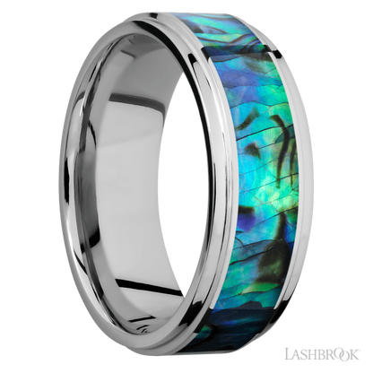 8 mm wide/Flat Grooved Edges/Cobalt Chrome band with one 5 mm Centered inlay of Abalone.