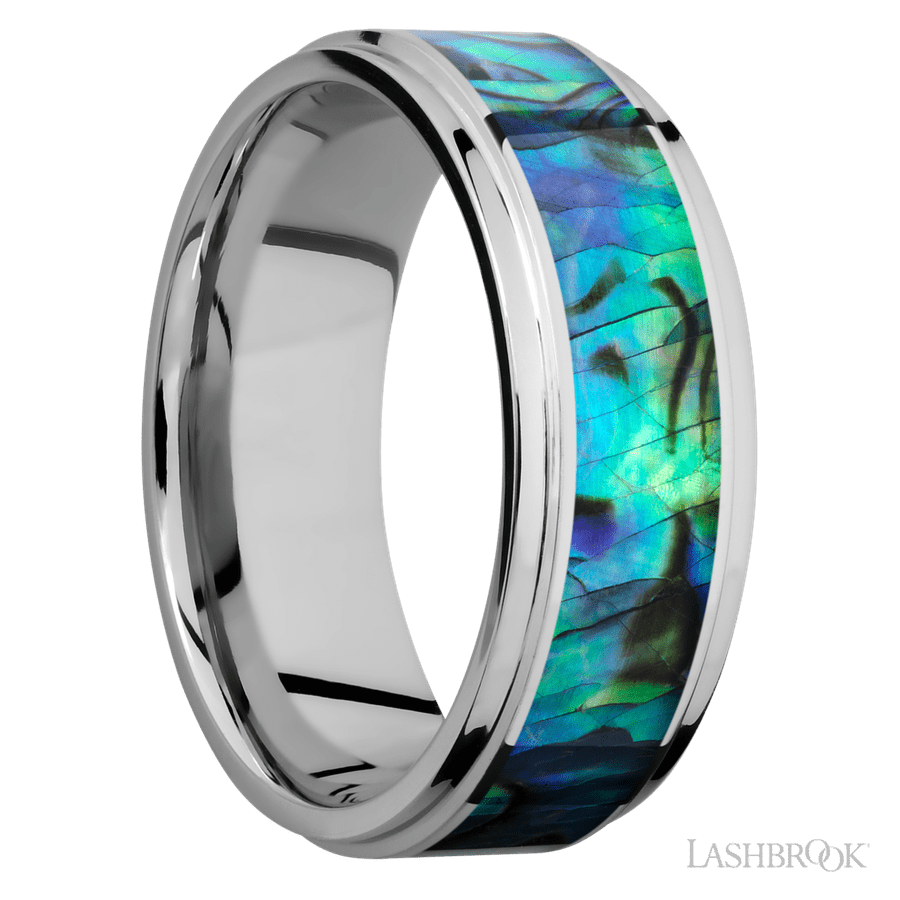 8 mm wide/Flat Grooved Edges/Cobalt Chrome band with one 5 mm Centered inlay of Abalone.