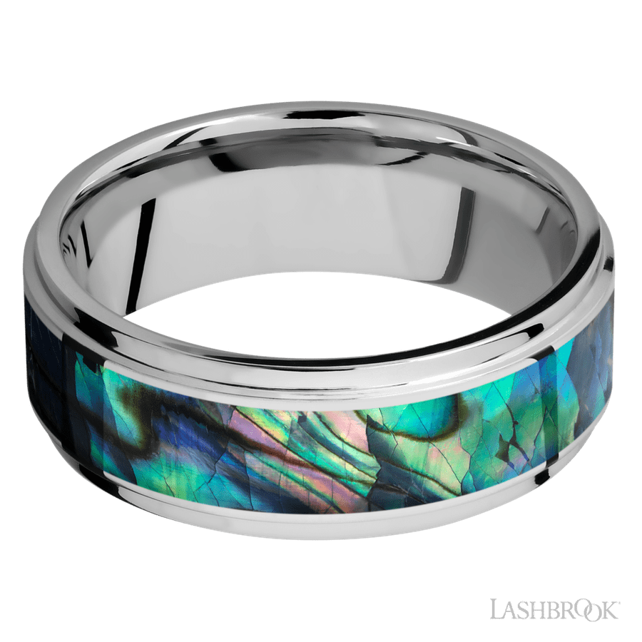 8 mm wide/Flat Grooved Edges/Cobalt Chrome band with one 5 mm Centered inlay of Abalone.