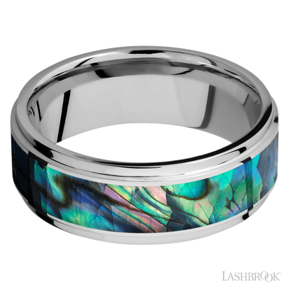 8 mm wide/Flat Grooved Edges/Cobalt Chrome band with one 5 mm Centered inlay of Abalone.