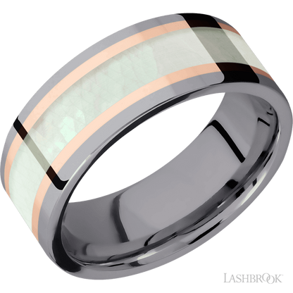8 mm wide/Flat/Tantalum band featuring inlays of 14K Rose Gold and Freshwater Mother of Pearl.