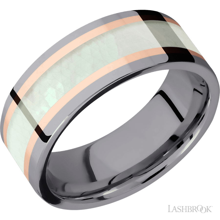 8 mm wide/Flat/Tantalum band featuring inlays of 14K Rose Gold and Freshwater Mother of Pearl.