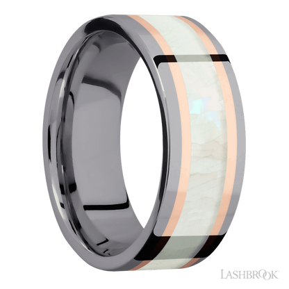 8 mm wide/Flat/Tantalum band featuring inlays of 14K Rose Gold and Freshwater Mother of Pearl.