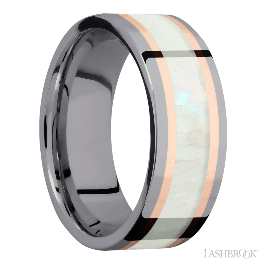 8 mm wide/Flat/Tantalum band featuring inlays of 14K Rose Gold and Freshwater Mother of Pearl.