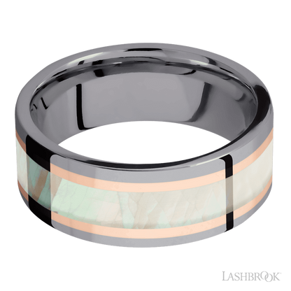 8 mm wide/Flat/Tantalum band featuring inlays of 14K Rose Gold and Freshwater Mother of Pearl.