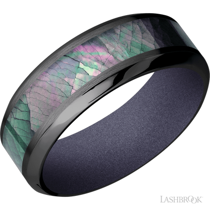 8 mm wide/High Bevel/Zirconium band with one 4 mm Centered inlay of Black Mother of Pearl also featuring a Crushed Orchid sleeve.
