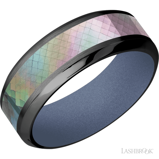 Lashbrook 8mm High Bevel Zirconium Wedding Band — Black Mother of Pearl Inlay