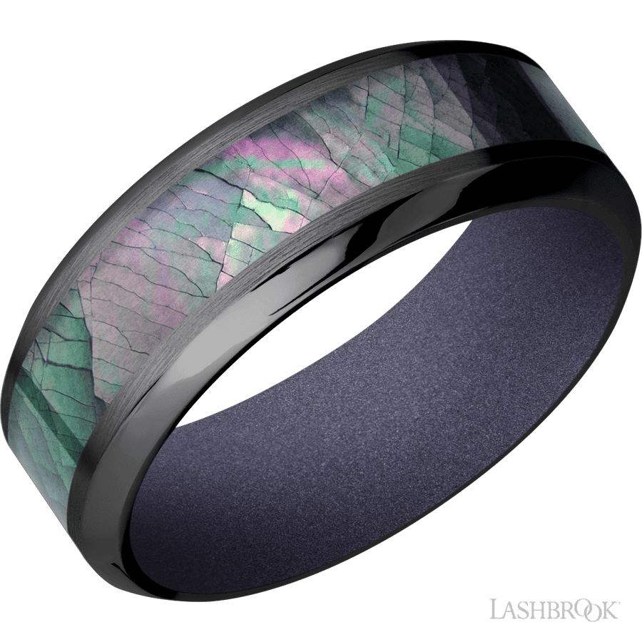 8 mm wide/High Bevel/Zirconium band with one 4 mm Centered inlay of Black Mother of Pearl also featuring a Crushed Orchid sleeve.