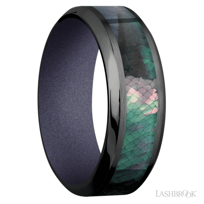 8 mm wide/High Bevel/Zirconium band with one 4 mm Centered inlay of Black Mother of Pearl also featuring a Crushed Orchid sleeve.