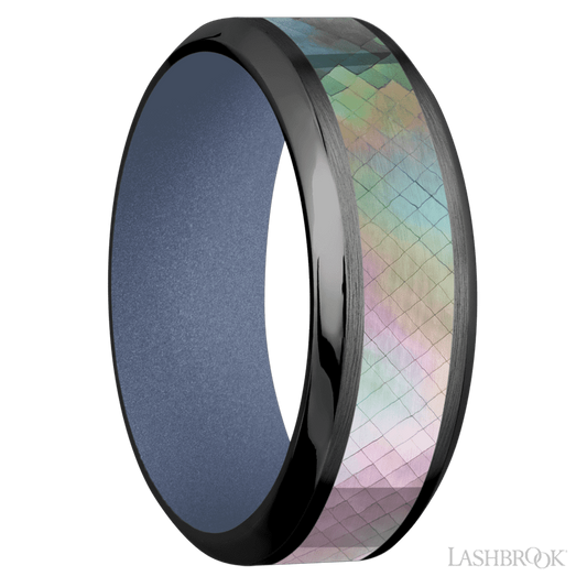 Lashbrook 8mm High Bevel Zirconium Wedding Band — Black Mother of Pearl Inlay