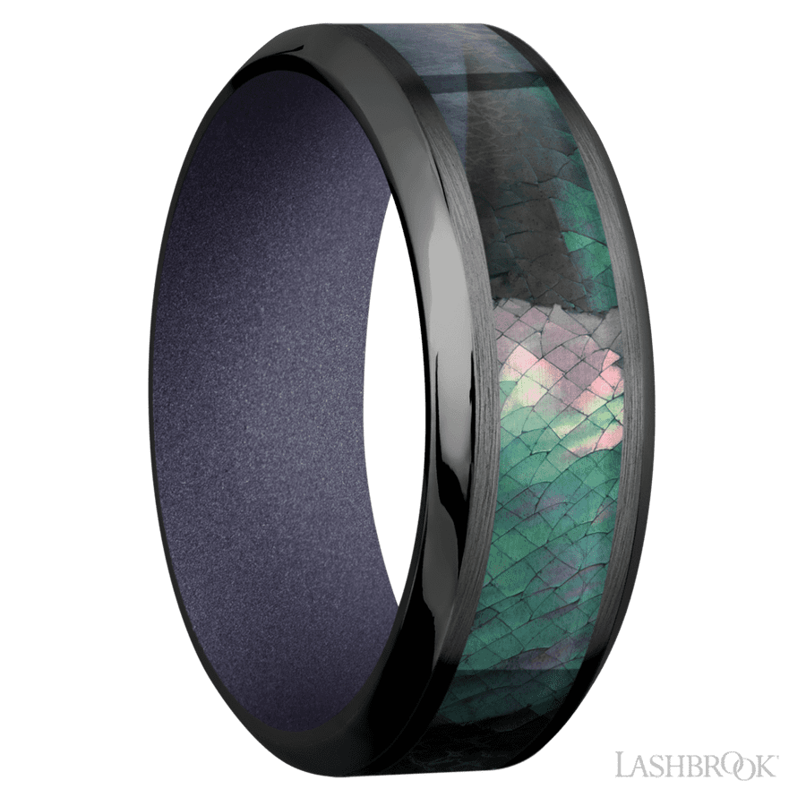 8 mm wide/High Bevel/Zirconium band with one 4 mm Centered inlay of Black Mother of Pearl also featuring a Crushed Orchid sleeve.