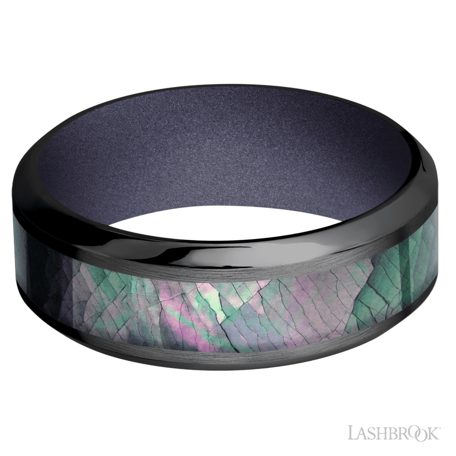 8 mm wide/High Bevel/Zirconium band with one 4 mm Centered inlay of Black Mother of Pearl also featuring a Crushed Orchid sleeve.