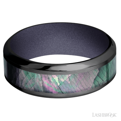 8 mm wide/High Bevel/Zirconium band with one 4 mm Centered inlay of Black Mother of Pearl also featuring a Crushed Orchid sleeve.