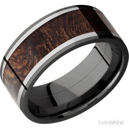 9 mm wide/Flat/Zirconium band featuring inlays of Titanium and Sapele.