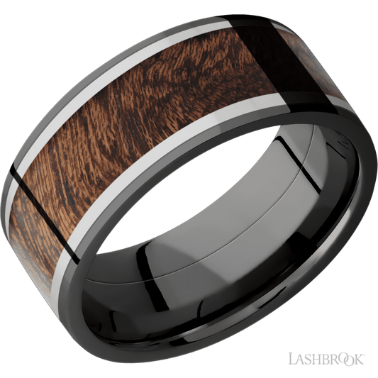 Lashbrook 9mm Flat Zirconium Wedding Band — Titanium and Sapele Inlay