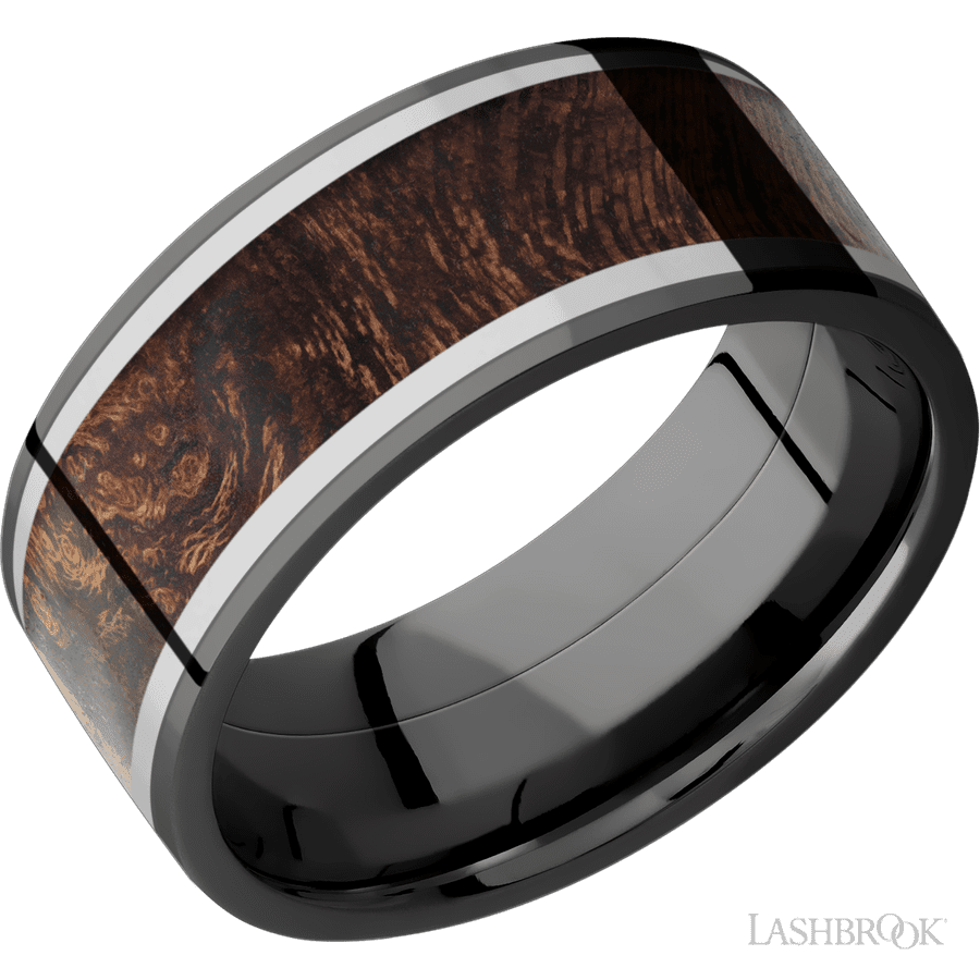 9 mm wide/Flat/Zirconium band featuring inlays of Titanium and Sapele.