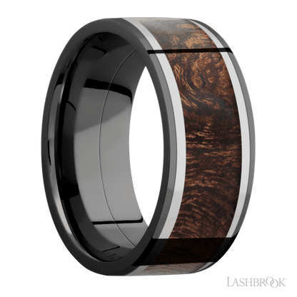 9 mm wide/Flat/Zirconium band featuring inlays of Titanium and Sapele.