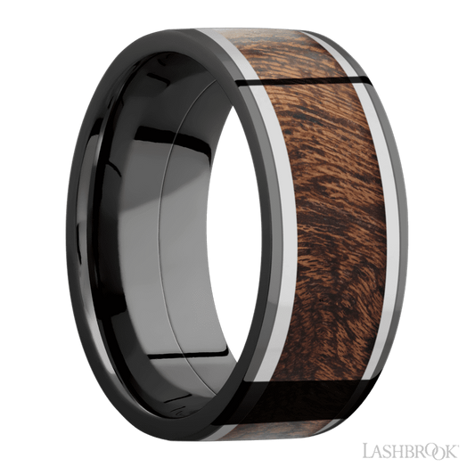 Lashbrook 9mm Flat Zirconium Wedding Band — Titanium and Sapele Inlay