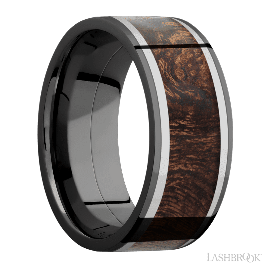 9 mm wide/Flat/Zirconium band featuring inlays of Titanium and Sapele.