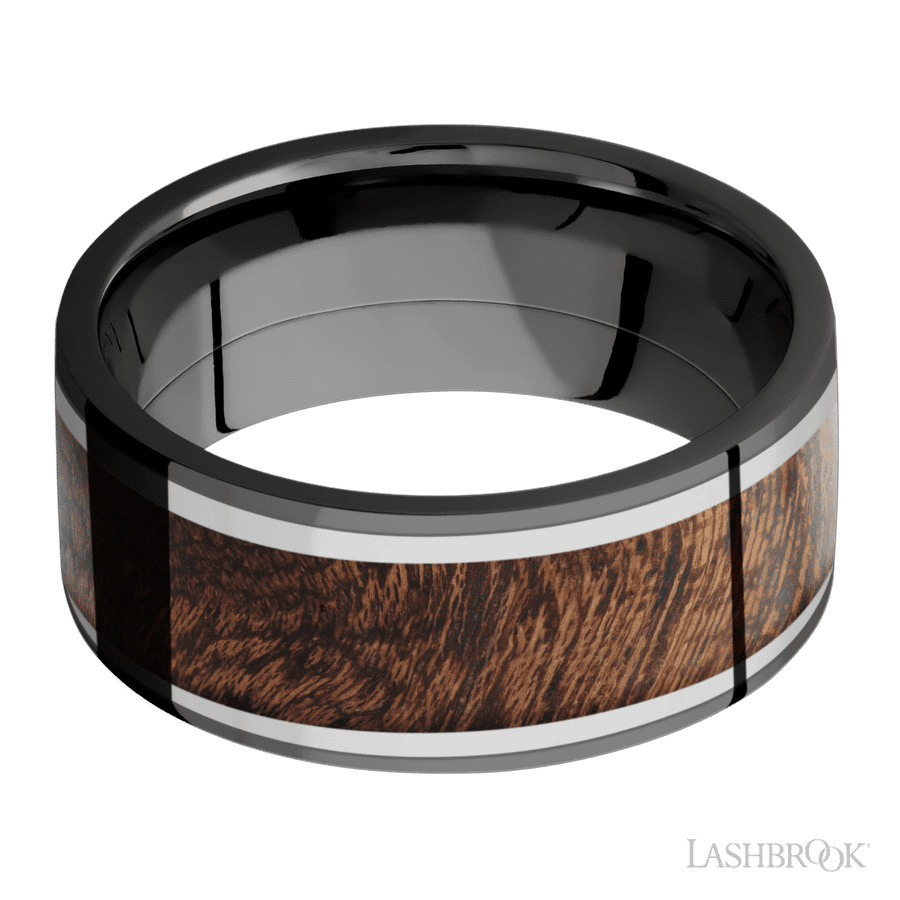 9 mm wide/Flat/Zirconium band featuring inlays of Titanium and Sapele.