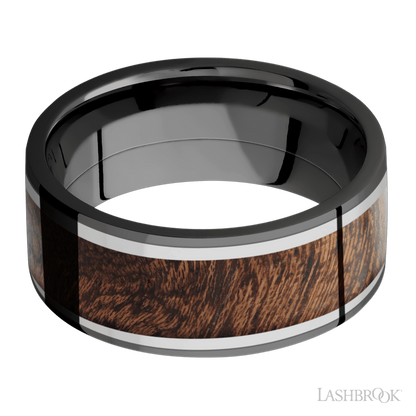 9 mm wide/Flat/Zirconium band featuring inlays of Titanium and Sapele.