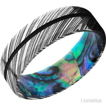 7 mm wide/Beveled/Woodgrain band with one 1 mm Centered inlay of Black also featuring a Abalone sleeve.