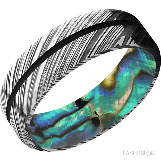 Lashbrook 7mm Beveled Woodgrain Wedding Band — Black Inlay