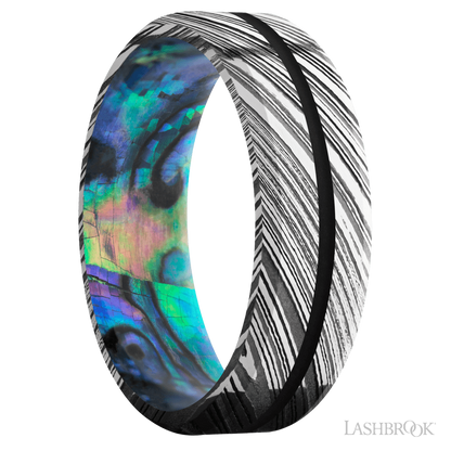 7 mm wide/Beveled/Woodgrain band with one 1 mm Centered inlay of Black also featuring a Abalone sleeve.