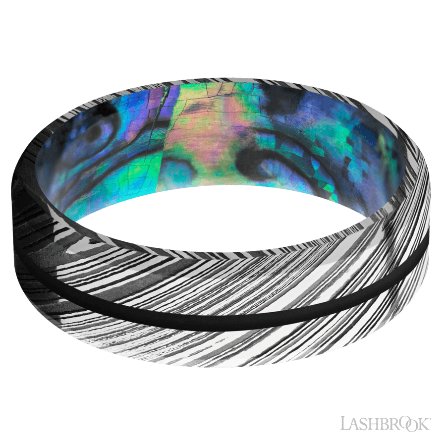 7 mm wide/Beveled/Woodgrain band with one 1 mm Centered inlay of Black also featuring a Abalone sleeve.