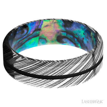 7 mm wide/Beveled/Woodgrain band with one 1 mm Centered inlay of Black also featuring a Abalone sleeve.