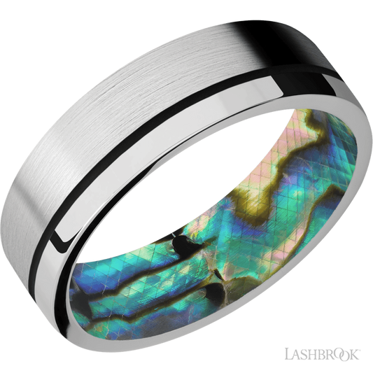 7 mm wide/Flat/14K White Gold band with one 0.5 mm Off Center inlay of Black also featuring a Abalone sleeve.