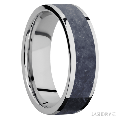7 mm wide/Flat/Cobalt Chrome band with one 5 mm Centered inlay of Sodalite.
