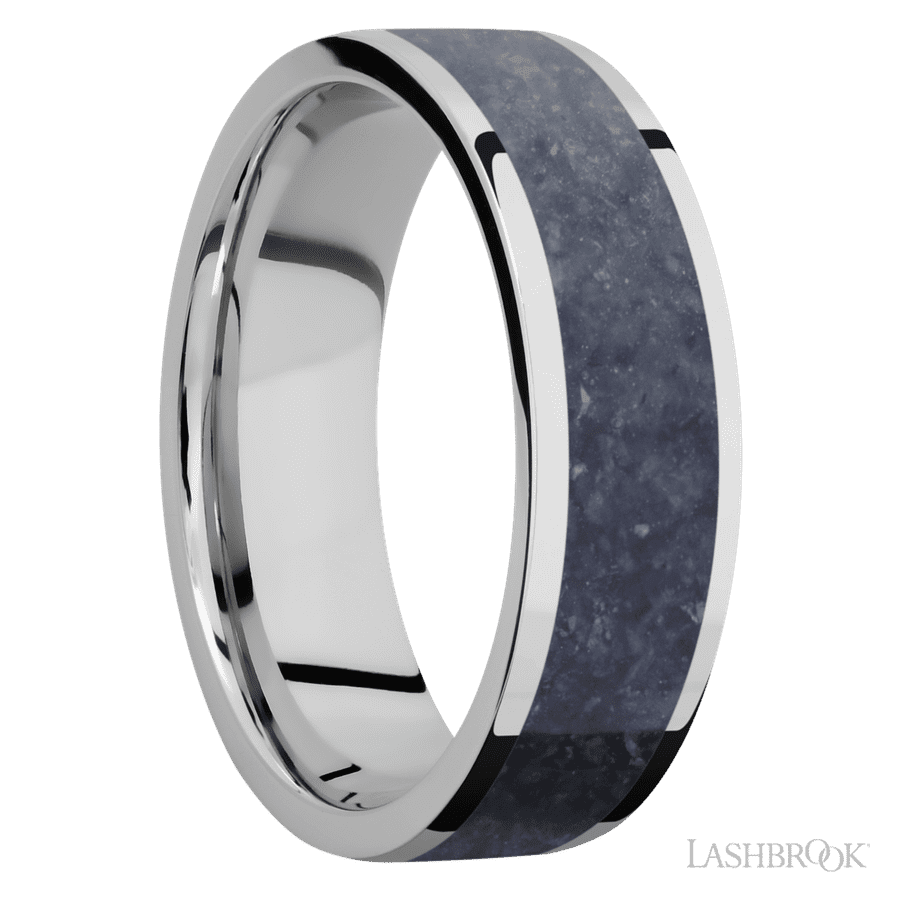 7 mm wide/Flat/Cobalt Chrome band with one 5 mm Centered inlay of Sodalite.