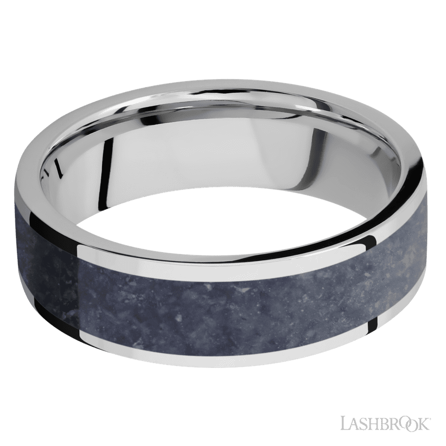 7 mm wide/Flat/Cobalt Chrome band with one 5 mm Centered inlay of Sodalite.