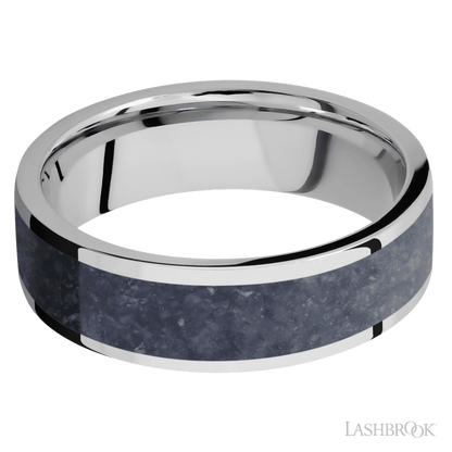 7 mm wide/Flat/Cobalt Chrome band with one 5 mm Centered inlay of Sodalite.