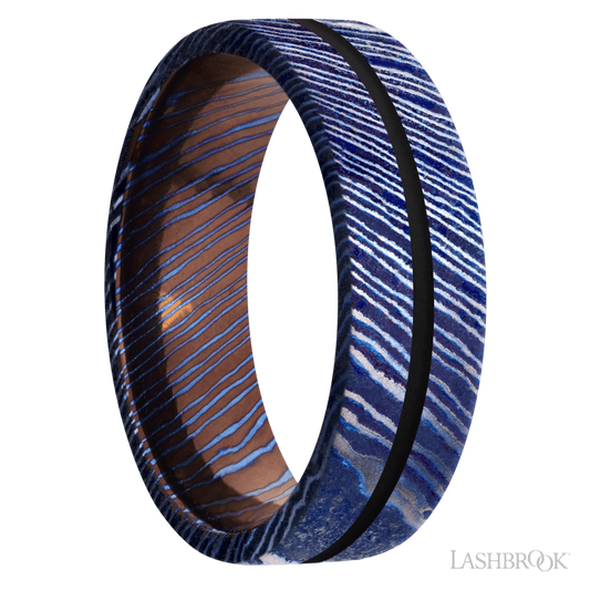 Lashbrook 7mm Flat Titanium Damascus Wedding Band — Black Inlay