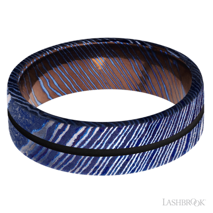 7 mm wide/Flat/Titanium Damascus band with one 1 mm Centered inlay of Black.
