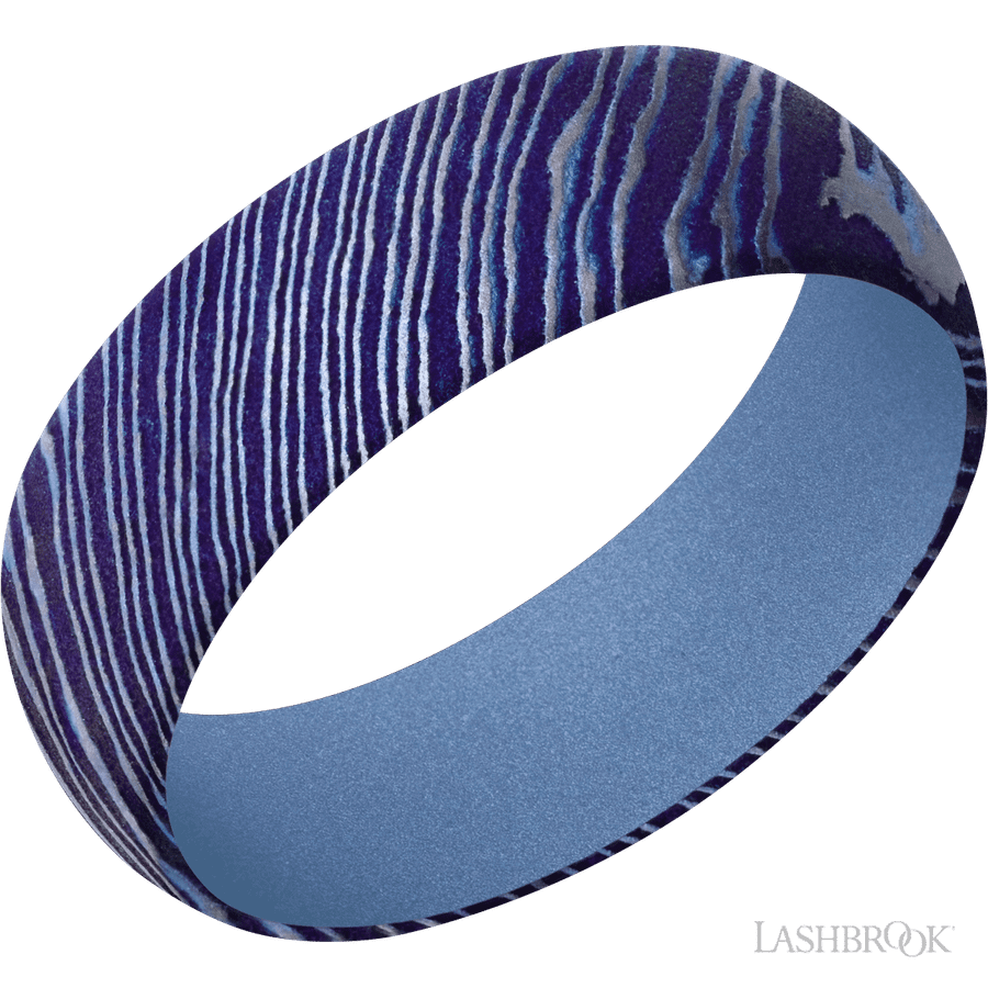 7 mm wide Domed Titanium Damascus band featuring a Crushed Orchid sleeve.