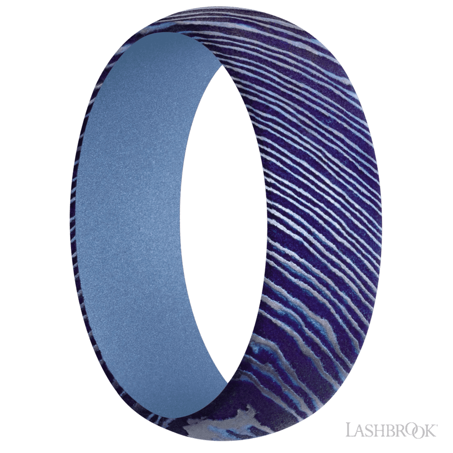 7 mm wide Domed Titanium Damascus band featuring a Crushed Orchid sleeve.