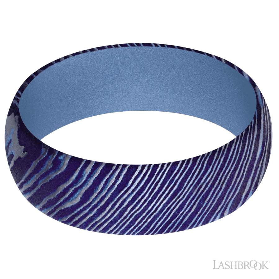 7 mm wide Domed Titanium Damascus band featuring a Crushed Orchid sleeve.