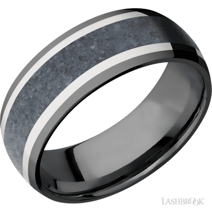 8 mm wide/Domed/Zirconium band featuring inlays of 14K White Gold and Blue Sapphire.