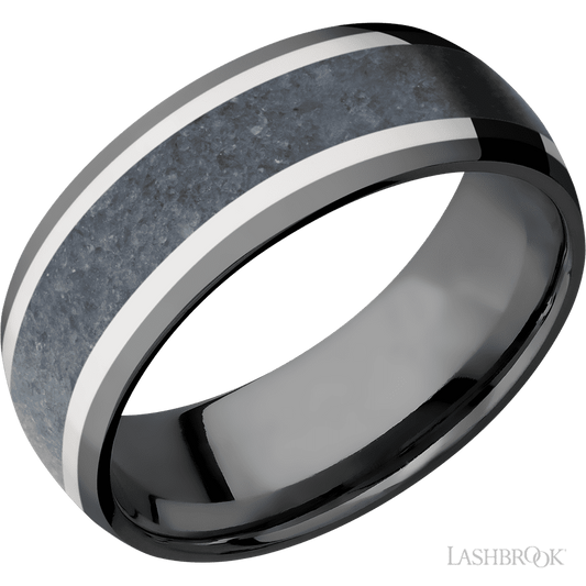 8 mm wide/Domed/Zirconium band featuring inlays of 14K White Gold and Blue Sapphire.