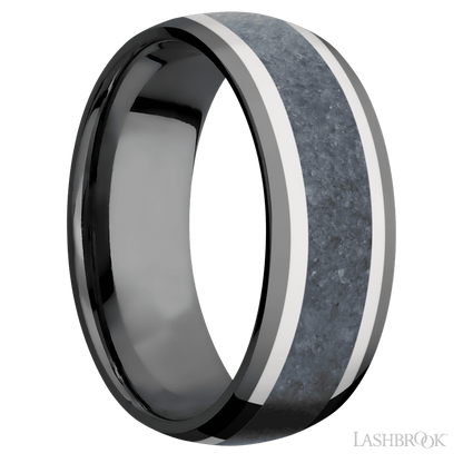 8 mm wide/Domed/Zirconium band featuring inlays of 14K White Gold and Blue Sapphire.