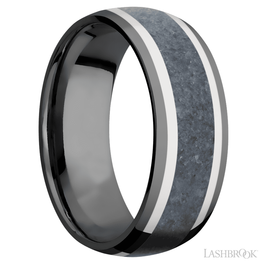 8 mm wide/Domed/Zirconium band featuring inlays of 14K White Gold and Blue Sapphire.