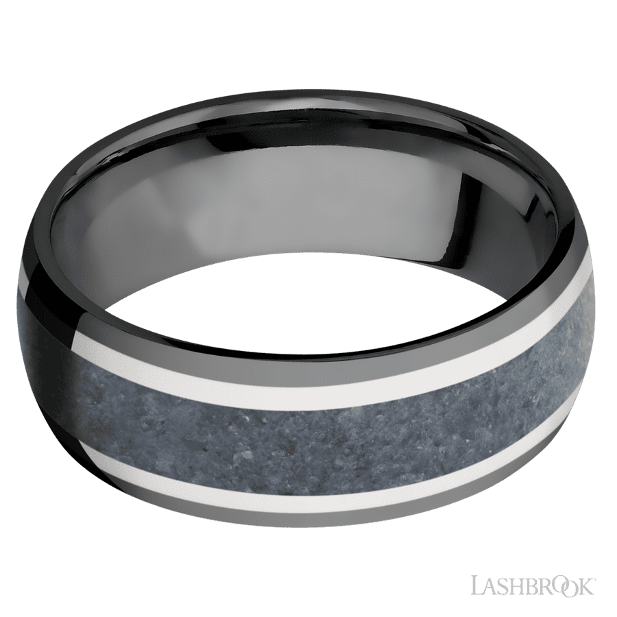8 mm wide/Domed/Zirconium band featuring inlays of 14K White Gold and Blue Sapphire.